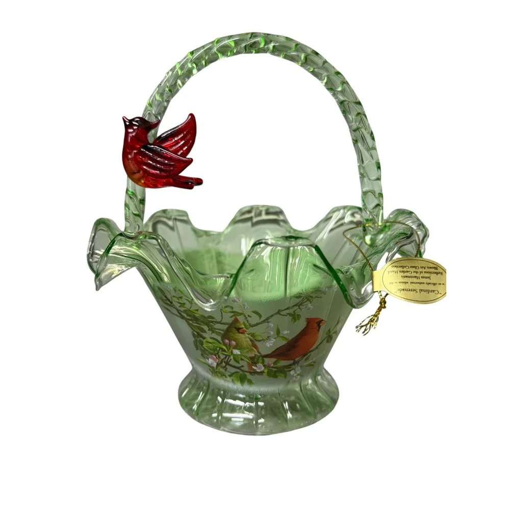 Bradford Exchange Cardinal Serenade Glass Basket James Hautman Green 0114657-001